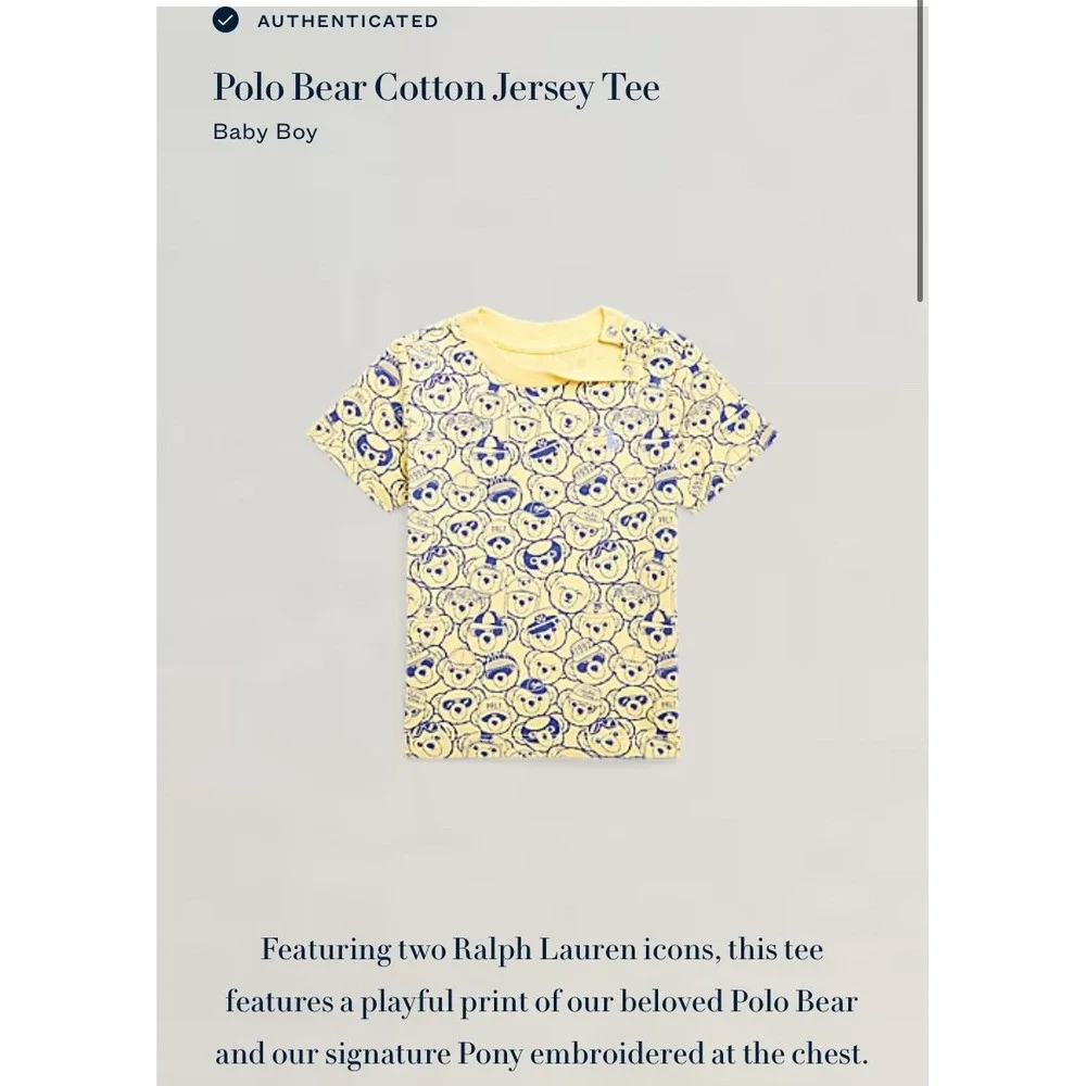 Ralph Lauren Baby Boys Yellow Polo Bear Cotton Jersey Tee Size 12M‎ Snaps NEW